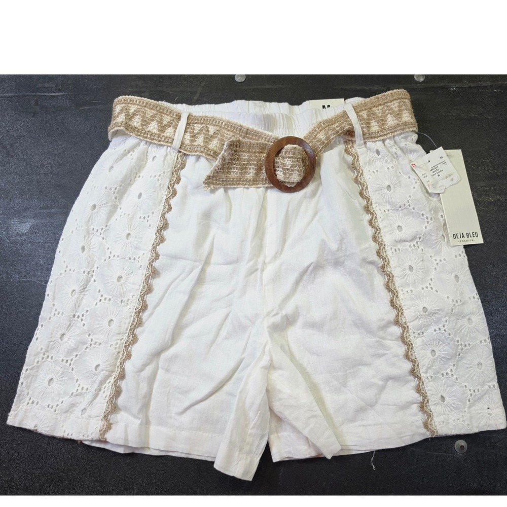 Deja Bleu Premium White Eyelet Crochet Belted Shorts MB2524  Cottage Core Medium